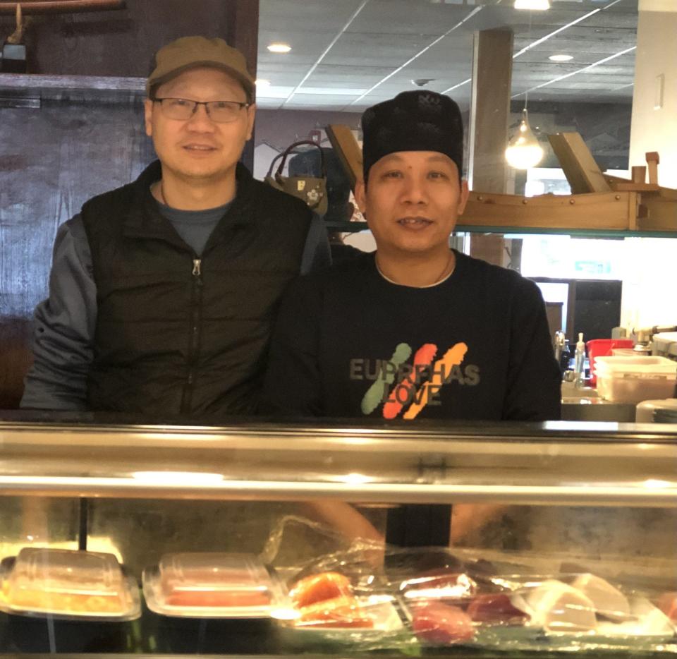 Tony Lin, left, the owner of Kai Asian Fusion on Port Road in Wells, Maine, is seen here with chef Ken Wei at the new restaurant's sushi bar on Monday, Feb. 5, 2024.