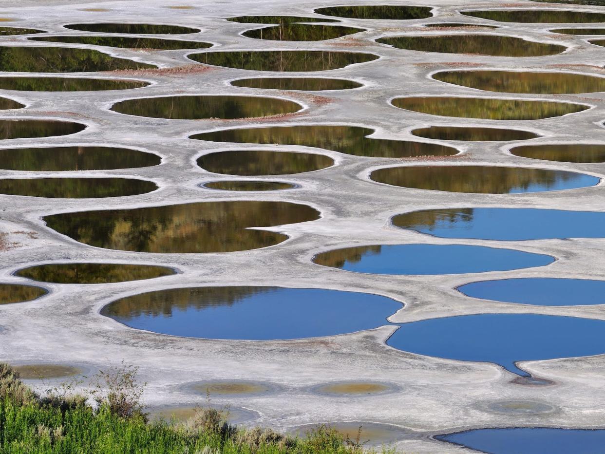 Colorful pools are seen spotting the surface of the earth at the spotted lake in Canada