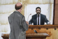 In this courtroom sketch, Special prosecutor Dan Webb, left, cross examines actor Jussie Smollett Tuesday, Dec. 7, 2021, in Chicago. (AP Photo/Cheryl Cook)