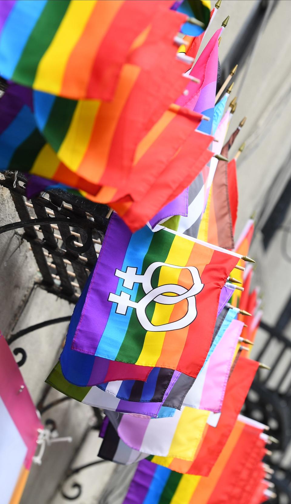 Rainbow flags near the Stonewall Inn and Stonewall National Monument on May 29 2019 in New York, N.Y.