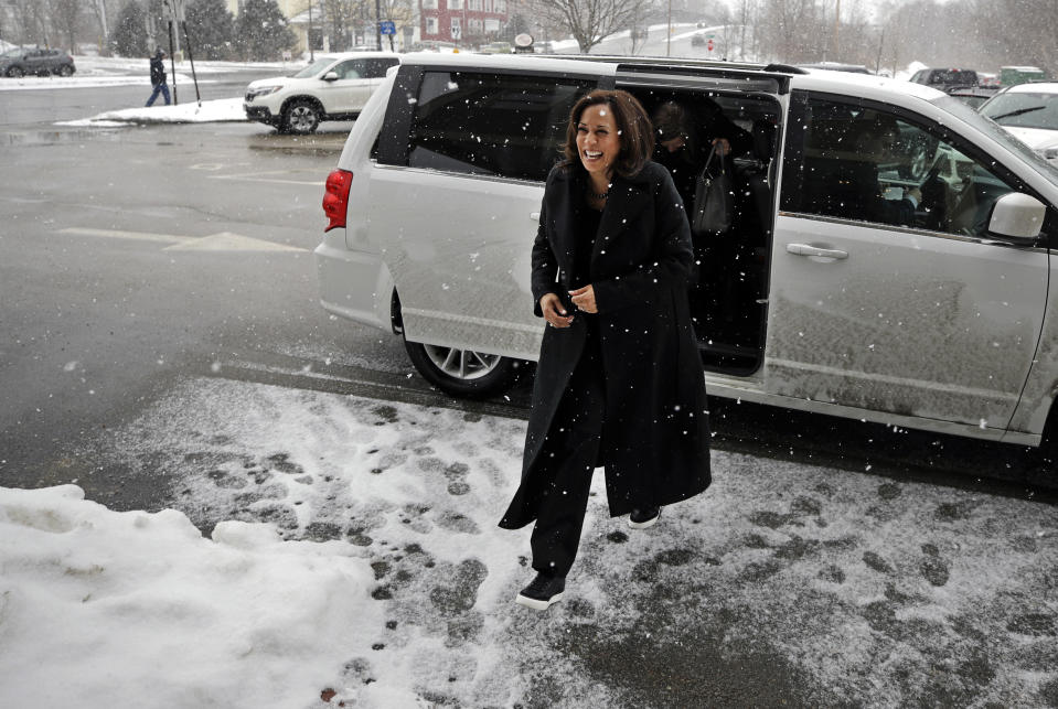 Democratic presidential candidate Sen. Kamala Harris, D-Calif., arrives at the Common Man Restaurant for lunch in Concord, N.H., Monday, Feb. 18, 2019. (AP Photo/Elise Amendola)