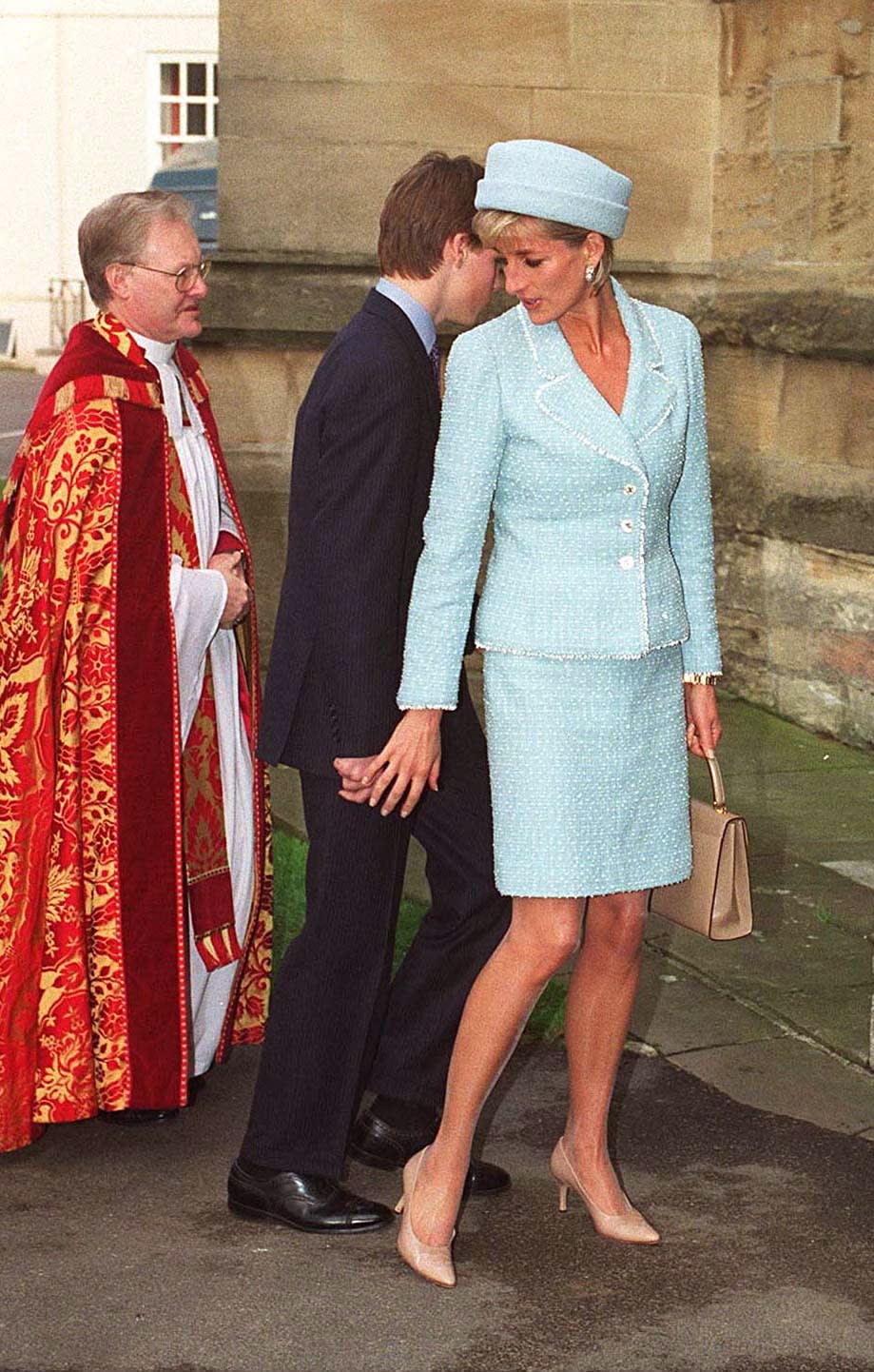 <p>Princess Diana wearing a blue Chanel suit to Prince William’s confirmation in March 1997 [Photo: Getty] </p>