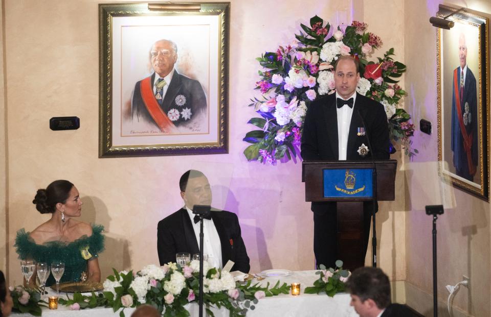 Prince William, Duke of Cambridge speaks at a dinner in Kingston, Jamaica.