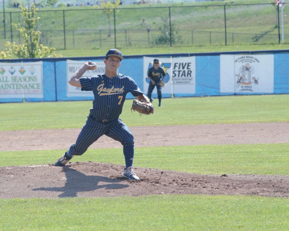 Gaylord's Austin Vanderveer throws a pitch during the Region 2 district semifinal on Saturday, June 4 at Joe Turcott in Petoskey, Mich.