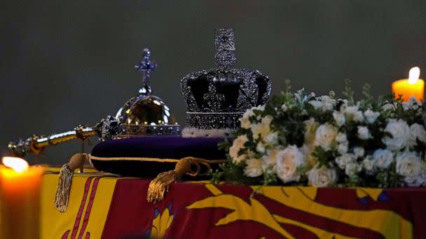 PHOTO: The coffin of Queen Elizabeth II lies in State in Westminster Hall, at the Palace of Westminster, in London on Sept. 16, 2022. (Kirsty Wigglesworth/POOL/AFP via Getty Images)