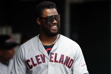 FILE PHOTO: Apr 9, 2019; Detroit, MI, USA; Cleveland Indians designated hitter Hanley Ramirez (13) smiles from the dugout during the fifth inning against the Detroit Tigers at Comerica Park. Mandatory Credit: Raj Mehta-USA TODAY Sports