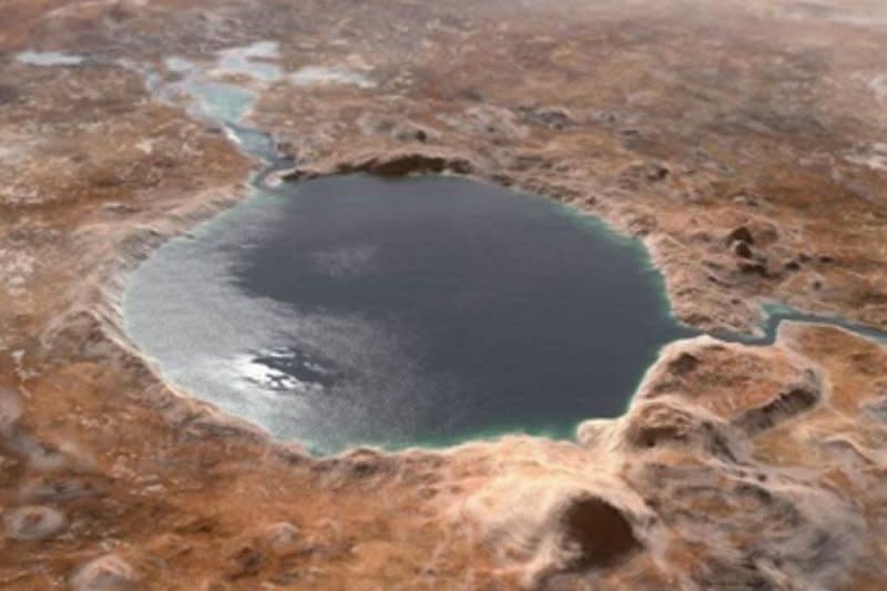An illustration depicts Jezero Crater on Mars, where NASA's Perseverance rover is exploring, when it was an ancient lake. Illustration courtesy of NASA