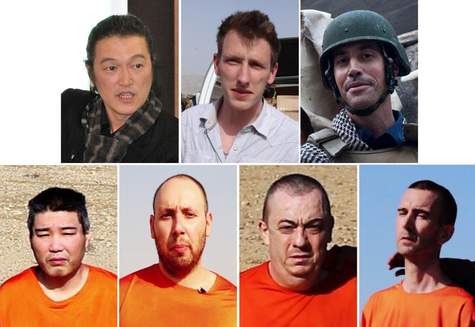 Victims of Islamic State militant "Jihadi John," a member of the cell dubbed "The Beatles," are shown in various handout file pictures and image grabs. Top left to bottom right: Japanese freelance video journalist Kenji Goto, U.S. aid worker Peter "Abdel-Rahman" Kassig, U.S. freelance reporter James Foley, Japanese national Haruna Yukawa, U.S. freelance writer Steven Sotloff, British national Alan Henning and British aid worker David Haines.