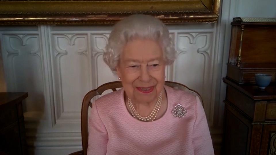 Queen Elizabeth II talks to officials in Adelaide, South Australia via video conference call, on Feb. 24, 2021, about vaccine distribution and a new statue recently unveiled on Government House grounds.