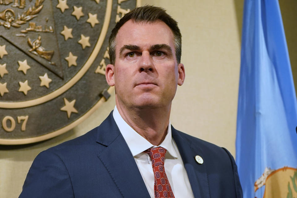 FILE - Oklahoma Gov. Kevin Stitt speaks during a news conference Feb. 11, 2021, in Oklahoma City. A federal appeals court has rejected the appeal of four Oklahoma death row inmates scheduled for execution during the next three months, including one next week. The 10th U.S. Circuit Court of Appeals on Friday, Nov. 12, denied the appeal by Julius Jones, Wade Lay, Donald Grant and Gilbert Postelle. Jones' execution is scheduled for Nov. 18, but Gov. Stitt is considering a state Pardon and Parole Board recommendation that the sentence be commuted to life in prison. (AP Photo/Sue Ogrocki, File)
