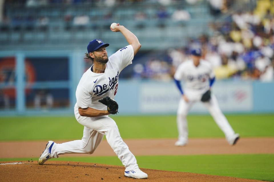 Los Angeles Dodgers starting pitcher Clayton Kershaw throws during the first inning of a baseball game against the Colorado Rockies, Thursday, Aug. 10, 2023, in Los Angeles. (AP Photo/Ryan Sun)