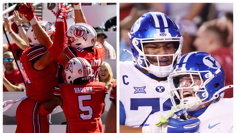 Utah football players celebrate during their game against Weber State on Saturday, September 16, 2023, while BYU football players do the same during their game against Arkansas on the same date.