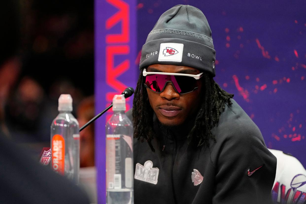 Feb 5, 2024; Las Vegas, NV, USA; Kansas City Chiefs wide receiver Rashee Rice (4) talks to the media during Super Bowl LVIII Opening Night at Allegiant Stadium. Mandatory Credit: Lucas Peltier-USA TODAY Sports