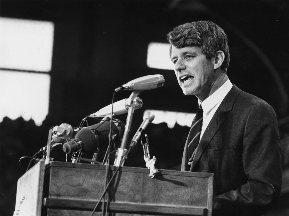 Senator Robert Kennedy speaking at an election rally.