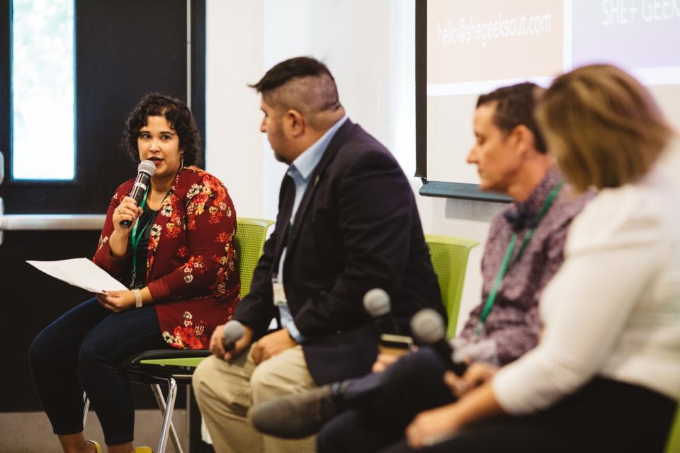 She+ Geeks Out co-founder Felicia Jadczak, left, Jason Serino, Chris Haigh and Cristina Hancock at a panel in Boston.