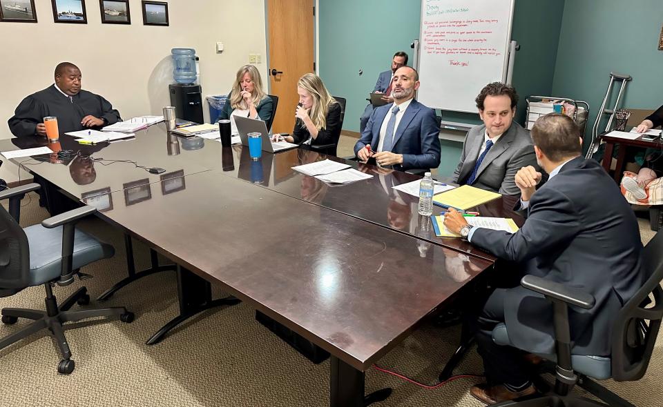 Leon Circuit Judge Stephen Everett presides over individual jury selection in the murder trial of Charlie Adelson on Monday, Oct. 23, 2023. Also pictured from left are Assistant State Attorneys Georgia Cappleman and Sarah Kathryn Dugan, defense lawyer and jury consultant Josh Dubin, Charlie Adelson and his lead attorney Daniel Rashbaum.