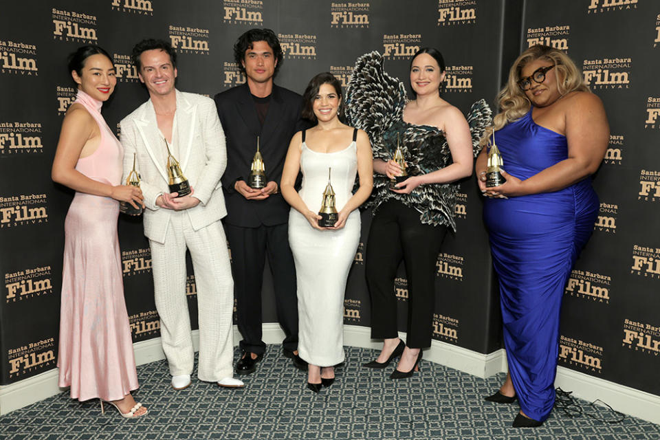 Honorees Greta Lee, Andrew Scott, Charles Melton, America Ferrera, Lily Gladstone, and Da'Vine Joy Randolph pose with their Virtuosos Awards during the 39th Annual Santa Barbara International Film Festival at The Arlington Theatre on February 10, 2024 in Santa Barbara, California.