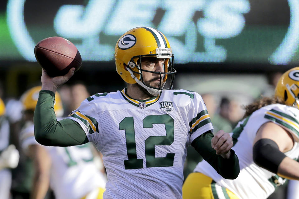 FILE - Green Bay Packers quarterback Aaron Rodgers throws a pass against the New York Jets during the first half of an NFL football game, Sunday, Dec. 23, 2018, in East Rutherford, N.J. Rodgers says his intention is to play for the New York Jets in the coming season as the four-time NFL MVP quarterback waits for the Green Bay Packers to trade him. Rodgers made his comments Wednesday, March 15, 2023, during an appearance on “The Pat McAfee Show.” (AP Photo/Seth Wenig, File)