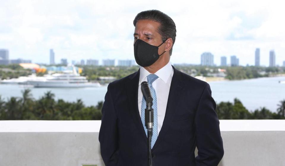 Superintendent of Miami-Dade County Public Schools, Alberto Carvalho, listens as Gov. Ron DeSantis announced on Friday, Sept. 11, 2020, that both Miami-Dade and Broward counties will be moving to Phase 2. This move will allow both counties’ school systems to begin resuming in-person learning. The option for distance learning will also remain in place. DeSantis was accompanied by Carvalho, as well as Lt. Gov. Jeanette Nunez and Miami-Dade County Mayor Carlos Gimenez at the press conference held at the Phillip and Patricia Frost Museum of Science.