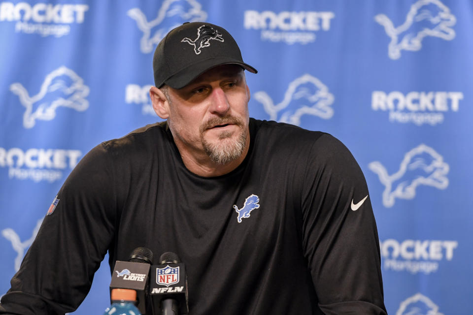 Detroit Lions head coach Dan Campbell talks to reporters following an NFL football NFC divisional playoff game against the Tampa Bay Buccaneers, Sunday, Jan. 21, 2024, in Detroit. The Lions won 31-23. (AP Photo/Jose Juarez)