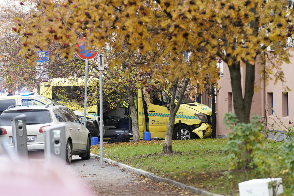 A damaged ambulance is seen crashed into a building after an incident in the center of Oslo, Tuesday, Oct. 22, 2019. Norwegian police opened fire on an armed man who stole an ambulance in Oslo and reportedly ran down several people. (Stian Lysberg Solum/NTB scanpix via AP)