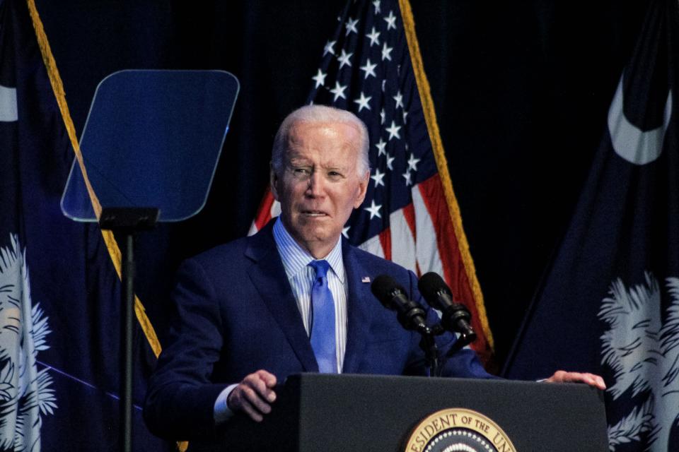 President Joe Biden speaks to supporters at the SCDP First-in-the-Nation dinner in Columbia, S.C. on Jan. 27, one week ahead of the state's Democratic primary for the 2024 presidential election.