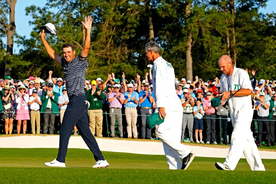 Apr 10, 2022; Augusta, Georgia, USA; Scott Scheffler celebrates after winning the Masters golf tournament.