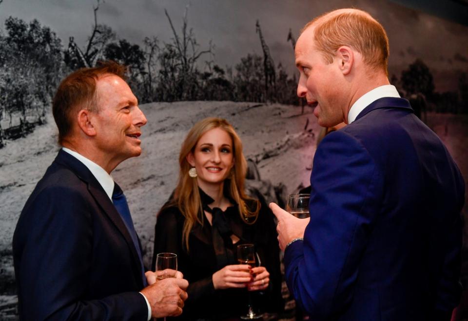 The Duke of Cambridge speaks with former Australian prime minister Tony Abbott at the reception of the Tusk Conservation Awards (Toby Melville/PA) (PA Wire)