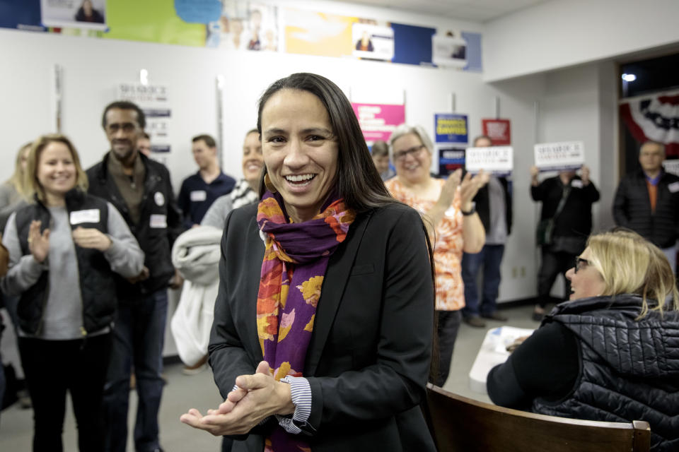 Democratic candidate for Kansas's 3rd Congressional District Sharice Davids, is greeted by supporters during a rally at a field office on Nov. 5, 2018 in Overland Park, Kansas.