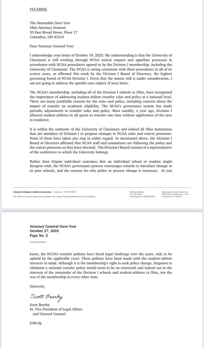 The NCAA responded Friday to a four-page letter sent by Ohio Attorney General Dave Yost on behalf of University of Cincinnati two-time transfer Aziz Bandaogo