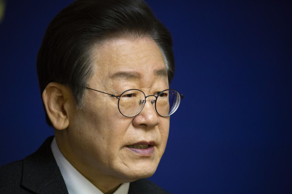 Lee Jae-myung, leader of South Korea's main opposition Democratic Party, speaks during 2024 New Year's press conference at National Assembly in Seoul Wednesday, Jan. 31, 2024. (Jeon Heon-Kyun/Pool Photo via AP)