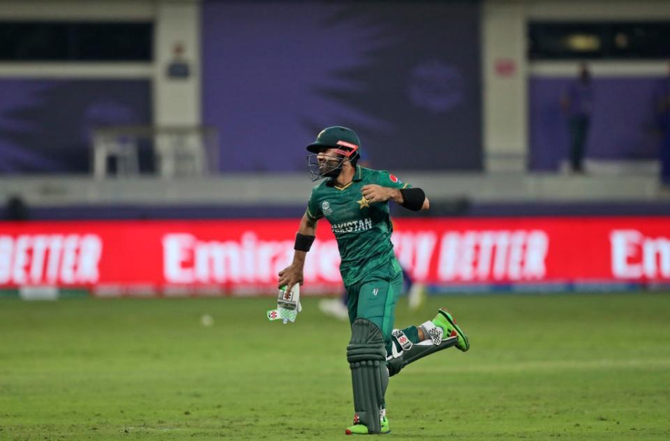 Mohammad Rizwan celebrates Pakistan’s win (Aijaz Rahi/AP) (AP)