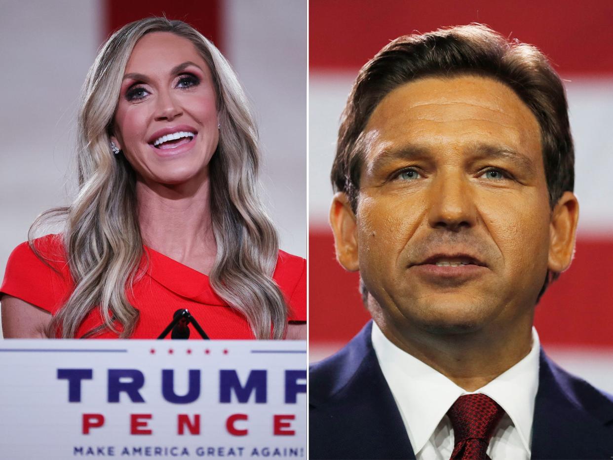 Lara Trump, daughter-in-law and campaign advisor for U.S. President Donald Trump, pre-records her address to the Republican National Convention from inside an empty Mellon Auditorium on August 26, 2020 in Washington, DC. : Florida Gov. Ron DeSantis gives a victory speech after defeating Democratic gubernatorial candidate Rep. Charlie Crist during his election night watch party at the Tampa Convention Center on November 8, 2022 in Tampa, Florida.