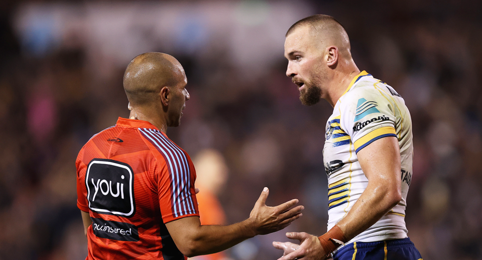 Pictured here is Clint Gutherson arguing with NRL referee Ashley Klein. 