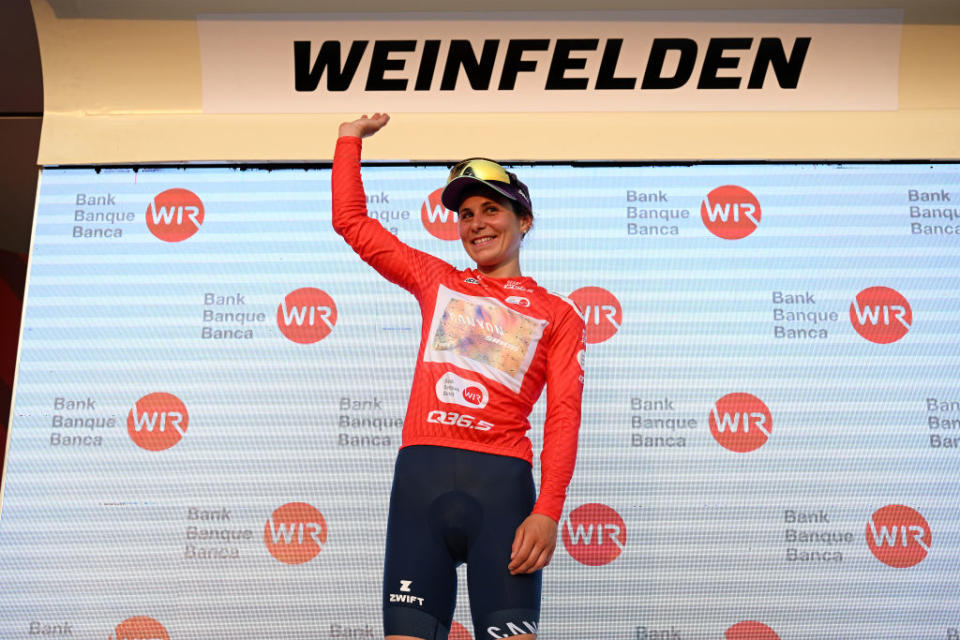 WEINFELDEN SWITZERLAND  JUNE 17 Elise Chabbey of Switzerland and Team CanyonSRAM Racing celebrates at podium as Red Mountain Jersey winner during the 3rd Tour de Suisse Women 2023 Stage 1 a 56km stage from Weinfelden to Weinfelden  UCIWWT  on June 17 2023 in Weinfelden Switzerland Photo by Dario BelingheriGetty Images