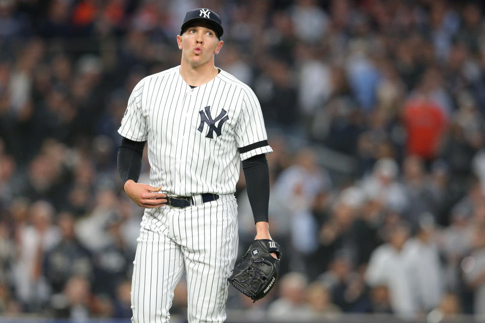 Oct 15, 2019; Bronx, NY, USA; New York Yankees relief pitcher Chad Green (57) reacts after pitching against the Houston Astros during the fifth inning of game three of the 2019 ALCS playoff baseball series at Yankee Stadium. Mandatory Credit: Brad Penner-USA TODAY Sports