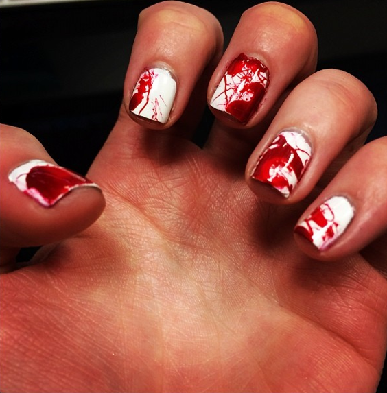<div class="caption-credit"> Photo by: Via @pbeesly28 Instagram</div><div class="caption-title">Bloody Brilliant</div><p> Um, these Dexter-inspired bloody nails are so amazingly creepy, we're basically dying to try this look! </p> <p> <b>Nail It!</b> To get your own scream-worthy nails, you'll need white and red polish, and a plastic straw! </p> <p> 1. Start by painting two coats of the white polish as your base color and wait for it to dry. </p> <p> 2. Pour a small pool of the red polish on a paper plate. </p> <p> 3. Dip the end of a plastic straw into the paint and position it over one of your nails. Blow into the other end of the straw, so that the polish splatters onto your nail. </p> <p> 4. Repeat this on all of your nails for a killer look! </p> <p> Note: Don't forget to cover the floor and countertop area where you'll be painting your nails before starting-this one makes a bloody mess! </p> <p> <b>Related: <br></b> <a rel="nofollow noopener" href="http://www.seventeen.com/parties/quinceanera/perfect-quinceanera-pedicure?click=main_sr#slide-1?link=rel&dom=yah_life&src=syn&mag=svn" target="_blank" data-ylk="slk:Don't Forget About Your Toes!;elm:context_link;itc:0;sec:content-canvas" class="link "><b>Don't Forget About Your Toes!</b></a> <br> <b><a rel="nofollow noopener" href="http://www.seventeen.com/fun/quizzes/beauty/catching-fire-nail-art-quiz?link=rel&dom=yah_life&src=syn&mag=svn" target="_blank" data-ylk="slk:Want some Catching Fire nail inspiration? Find out which district you should rock for Halloween!;elm:context_link;itc:0;sec:content-canvas" class="link ">Want some <i>Catching Fire</i> nail inspiration? Find out which district you should rock for Halloween!</a></b> </p>