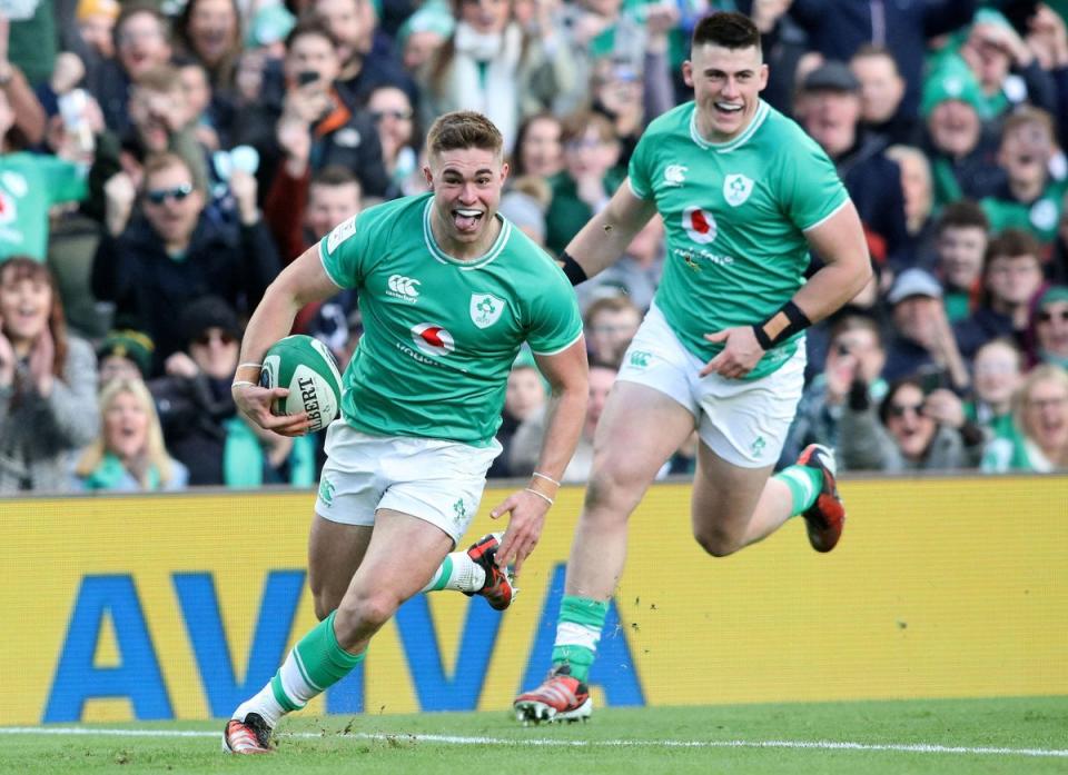 Jack Crowley sent Ireland on their way to a routine win (AFP via Getty Images)