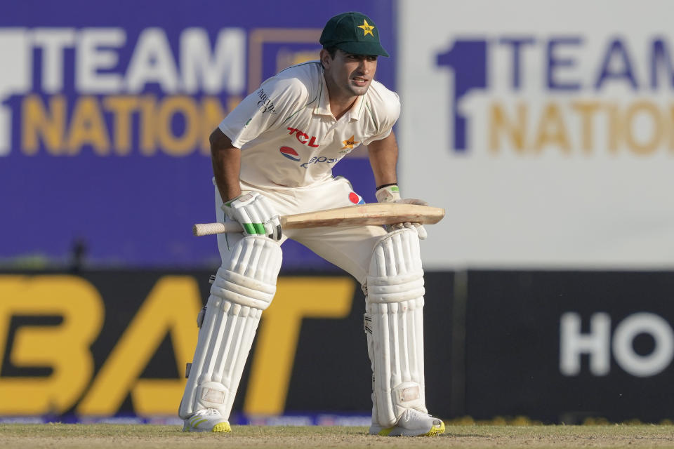 Pakistan's Naseem Shah watches the ball as he runs between wickets during the third day of the first cricket test match between Sri Lanka and Pakistan in Galle, Sri Lanka, on Tuesday, July 18, 2023. (AP Photo/Eranga Jayawardena)