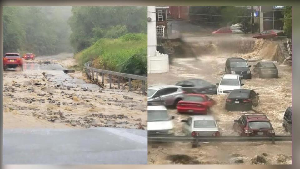 豪雨沖毀紐約州道路，多輛車受困路中。（圖／翻攝自紐約郵報）