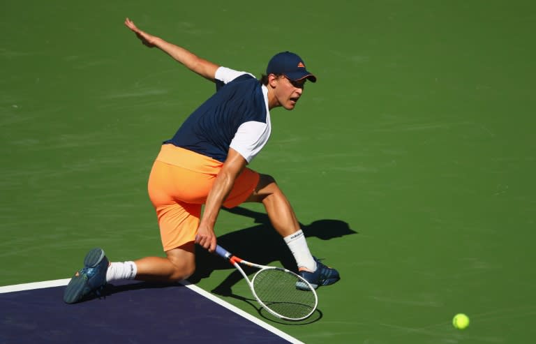 Dominic Thiem of Austria plays a backhand against Mischa Zverev of Germany, in Indian Wells, California, on March 13, 2017