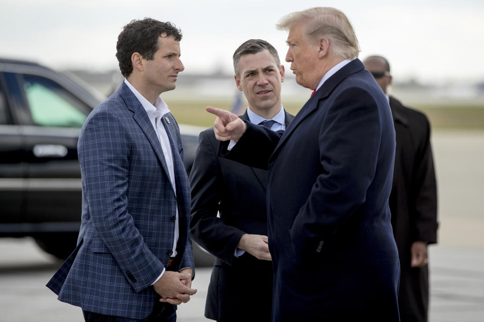 Image: Trey Hollingsworth, Donald Trump  and Jim Banks (Andrew Harnik / AP file)