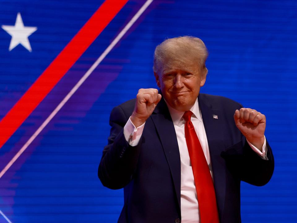 Former U.S. President Donald Trump gestures during the Conservative Political Action Conference (CPAC) at The Rosen Shingle Creek on February 26, 2022 in Orlando, Florida.