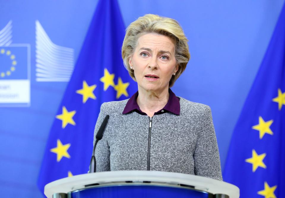 President of the European Commission Ursula von der Leyen addresses a press conference following the resignation of the EU trade commissioner, in Brussels on August 27, 2020. - EU trade commissioner Phil Hogan, a key figure in Brexit talks and one of the bloc's most senior officials, resigned on August 26, after a week of pressure over a breach of coronavirus guidelines. Hogan, 60, tendered his resignation to European Commission president Ursula von der Leyen as the row rumbled on, and strong indications from the Irish government he should fall on his sword. (Photo by François WALSCHAERTS / POOL / AFP) (Photo by FRANCOIS WALSCHAERTS/POOL/AFP via Getty Images)
