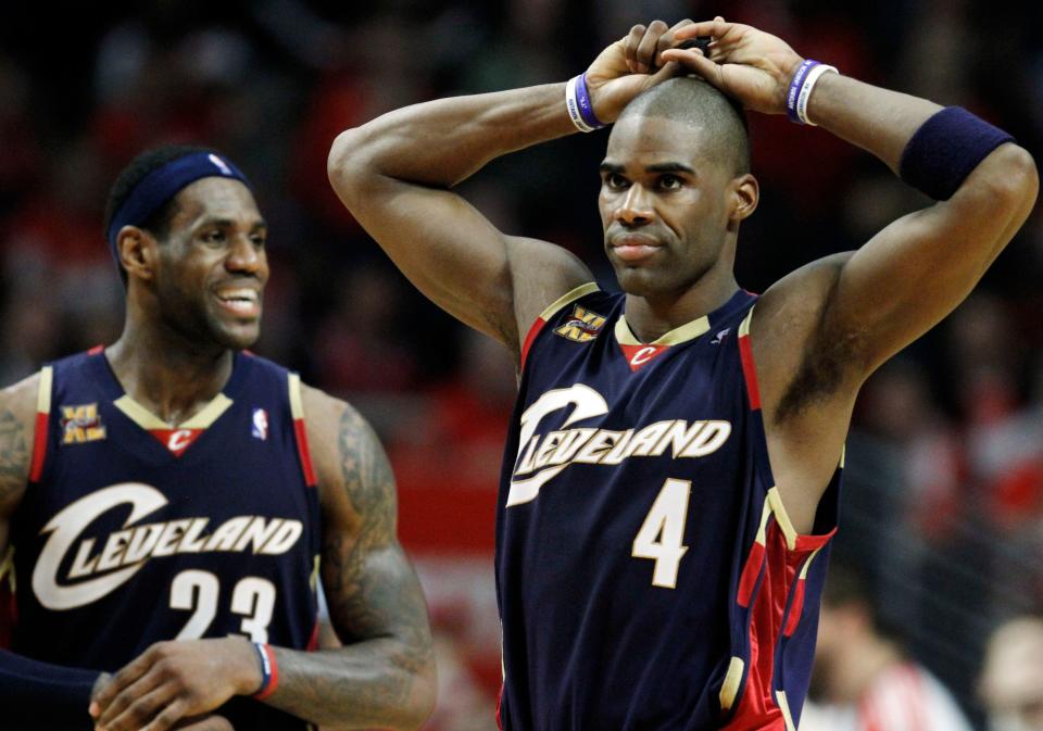 Cavaliers' Antawn Jamison reacts after teammate LeBron James, left, fouled against the Chicago Bulls during the fourth quarter of Game 3 in the first round of the playoffs April 22, 2010.