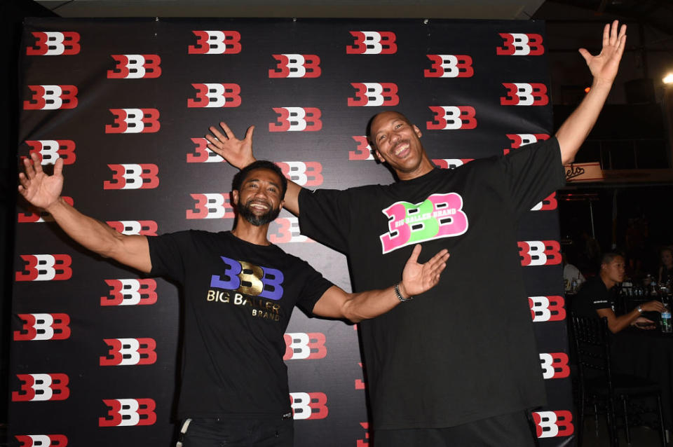 CHINO, CA - SEPTEMBER 02:  Alan Foster (L) and LaVar Ball attend Melo Ball's 16th Birthday on September 2, 2017 in Chino, California.  (Photo by Joshua Blanchard/Getty Images for Crosswalk Productions )