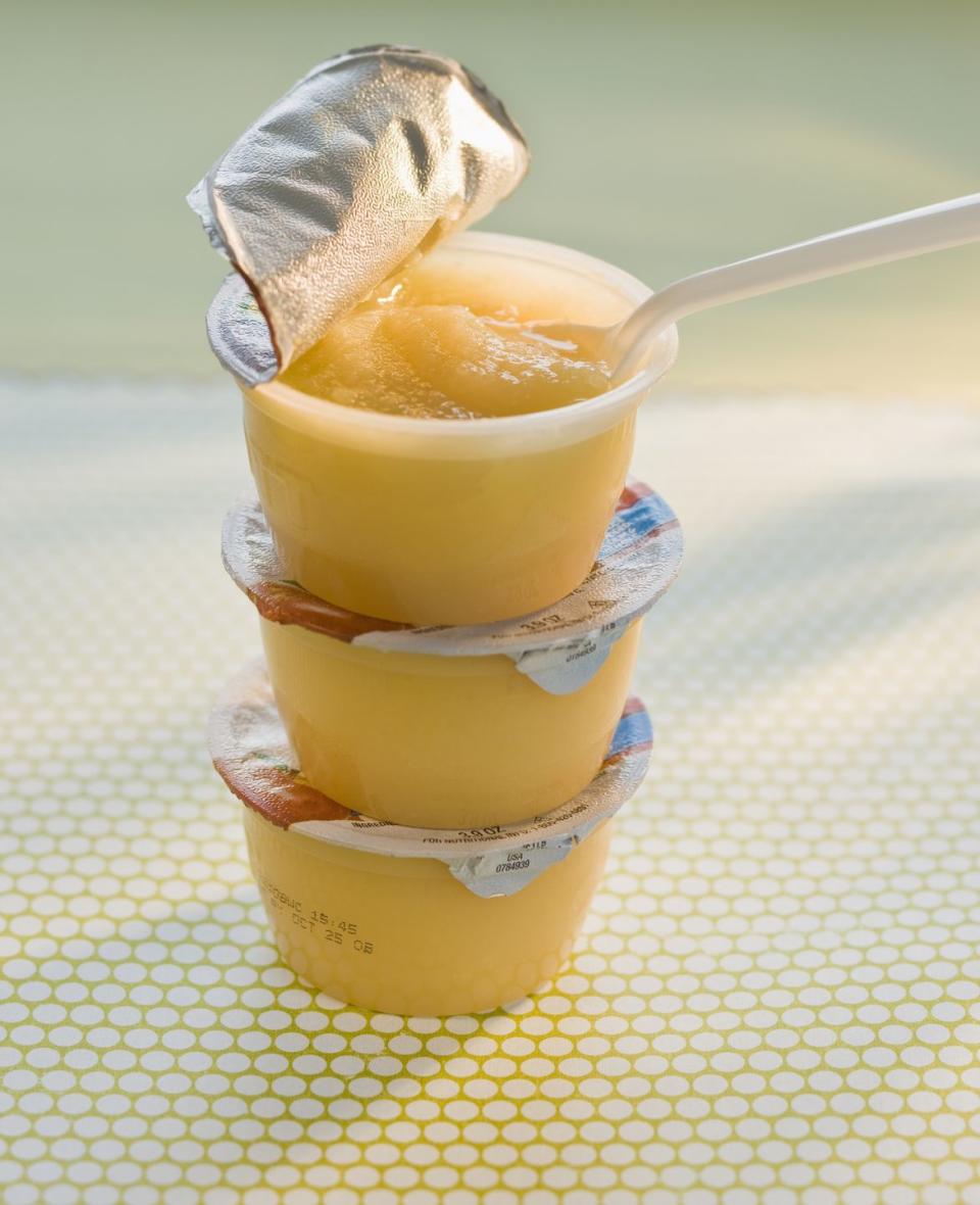 <p>Standard applesauce adds loads of sugar to sweeten it up. A small container might have 22 grams. Buy unflavored, unsweetened versions and enjoy what apples truly taste like.</p><p><a href="https://www.goodhousekeeping.com/food-recipes/g3658/best-apple-recipes/" rel="nofollow noopener" target="_blank" data-ylk="slk:50 great ways to use apples »;elm:context_link;itc:0;sec:content-canvas" class="link "><em>50 great ways to use apples »</em></a><br></p>