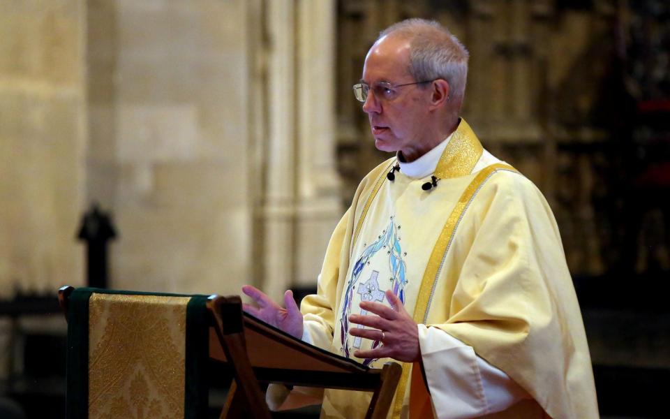 The Archbishop of Canterbury Justin Welby delivers his sermon during the Easter Day Choral Eucharist service at Canterbury Cathedral - Gareth Fuller