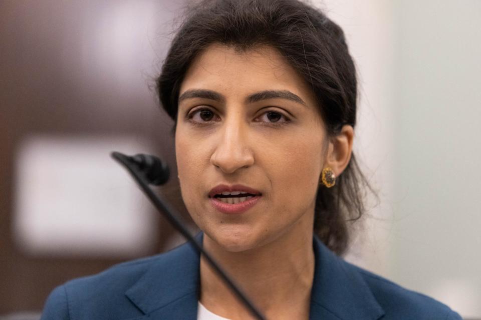 In this file photo taken on April 21, 2021, FTC Commissioner Lina M. Khan testifies during a Senate Committee on Commerce, Science, and Transportation confirmation hearing on Capitol Hill in Washington, D.C.