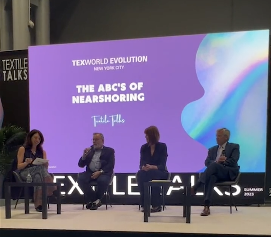 (L to R) Lauren Parker, director of Sourcing Journal Studio, moderated “The ABC’s of Nearshoring” panel at Texworld Exploration NYC with textile executives Robert Antoshak, Kim Glas and David Smith.